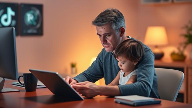 alt_text: Concerned parent supervising a child on a tablet, with safety icons and warm, caring lighting.