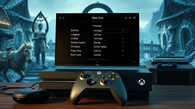 alt_text: Xbox One Skyrim menu with language settings, vibrant game background, gaming setup nearby.