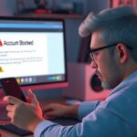 alt_text: Frustrated user sees "Account Blocked" on Mega, amidst tech workspace with warning icons.