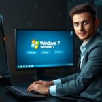 A confident person at a computer with Windows 7 login, tech background, hints of hacking symbols.