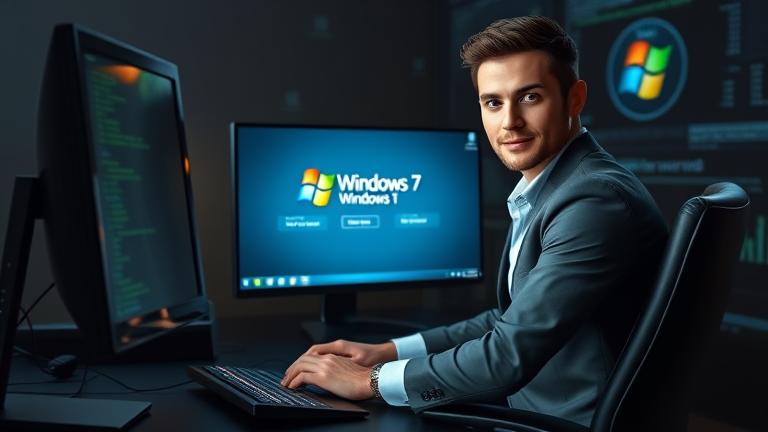 A confident person at a computer with Windows 7 login, tech background, hints of hacking symbols.