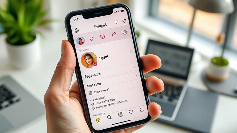 alt_text: Hand editing Instagram profile age on phone with workspace background, vibrant, realistic.