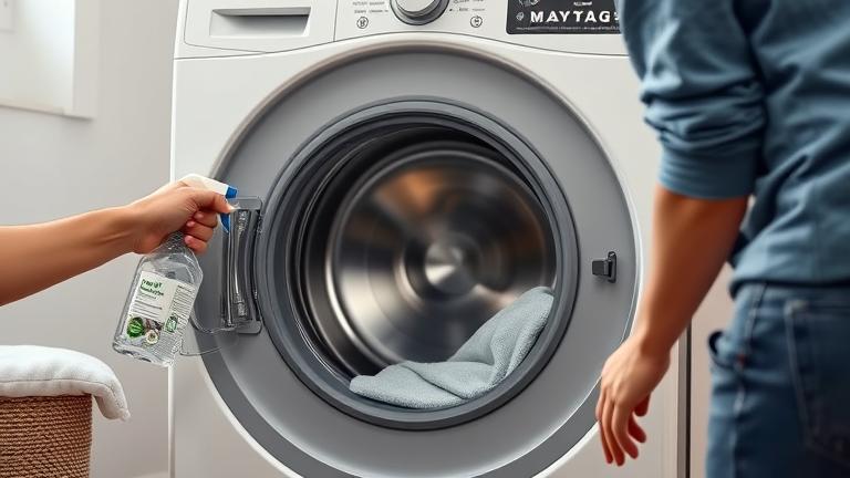 alt_text: Person cleaning washer door seal and drum inside a bright laundry room with cleaning supplies.