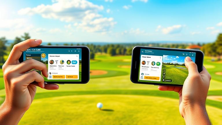alt_text: Golfer with multiple devices on lush course, showcasing multiple Golf Clash accounts.