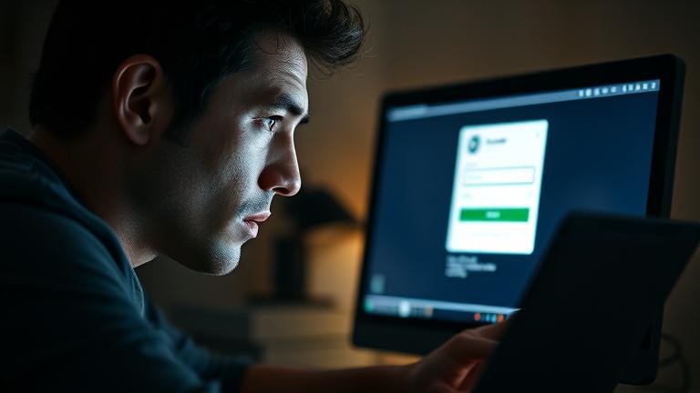 alt_text: Concerned person views Verizon email login with error, amid dim lighting, indicating access issues.