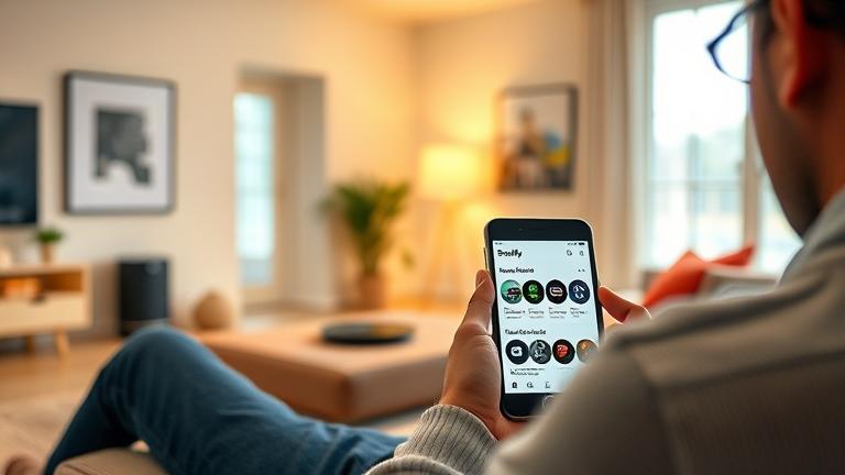 alt_text: Person uses Sonos speaker with Spotify on device, showcasing easy multi-account music control.