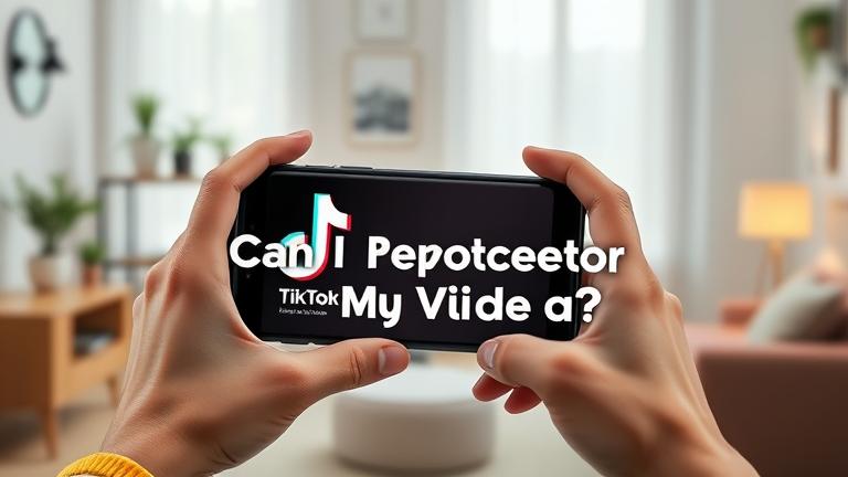 alt_text: Person with phone showing TikTok, question "Can I Repost My Video?" in vibrant, engaging style.