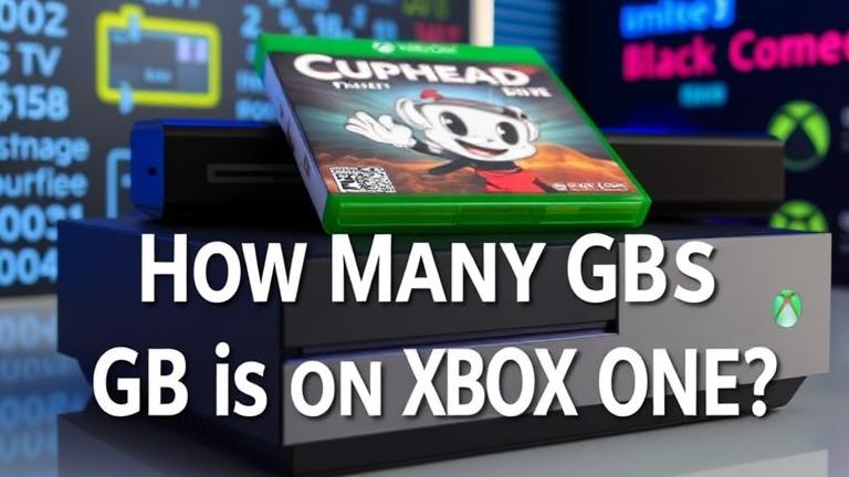 Close-up of Xbox One with Cuphead case, digital icons, and the question: How many GB on Xbox?