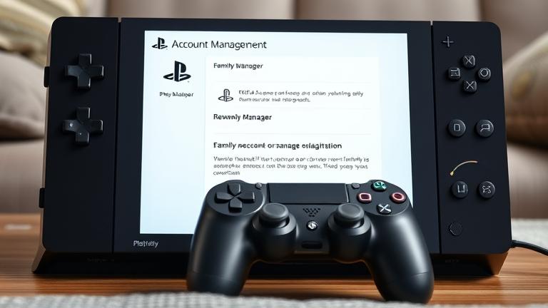 alt_text: PS4 interface with account management, controller, family icon, in a cozy gaming setup.