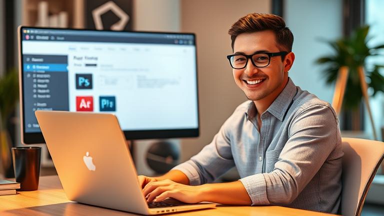 alt_text: Person smiling at laptop in modern workspace, managing Adobe ID settings confidently.