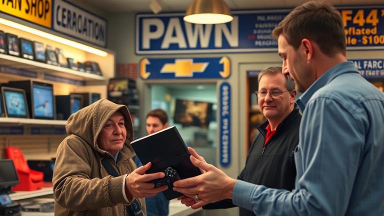 alt_text: Customer examines a PS4 in a warm, busy pawn shop with electronics, staff, and a price tag.