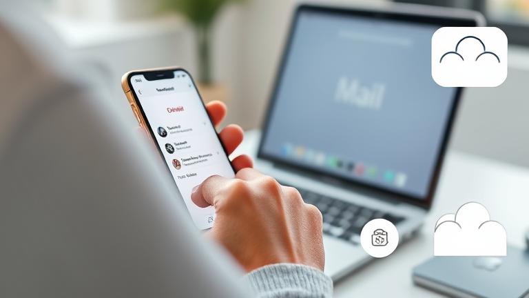 alt_text: Person managing iCloud Mail on Apple device, deleting emails in a modern, clean setting.
