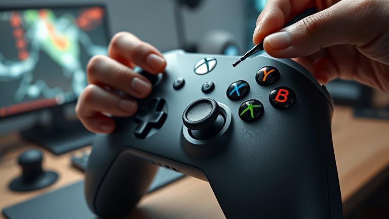alt_text: Close-up of hand repairing Xbox One controller bumper in a tidy gaming setup.