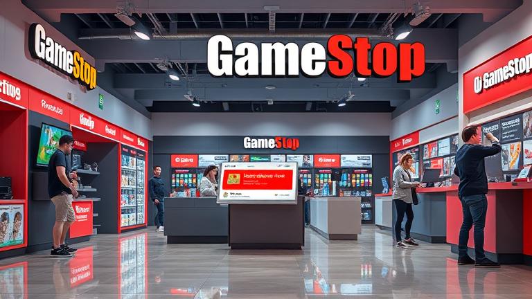alt_text: GameStop store with customers, membership card, gaming rewards, and inviting branding.