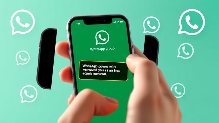 alt_text: Person notices chat notification on phone, indicating admin removal on WhatsApp.