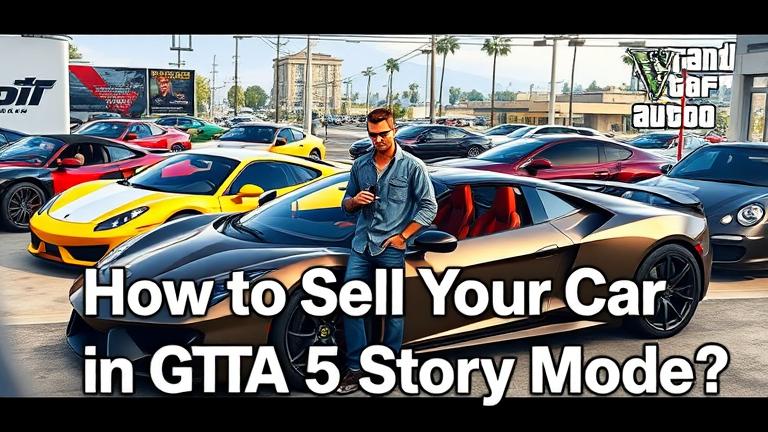 alt_text: GTA 5 scene with a player selling a car at a busy Los Santos dealership.