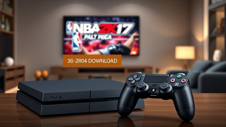 alt_text: Gamer with PS4 and controller, NBA 2K17 free download badge in a modern living room.