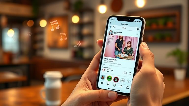 alt_text: Person holding phone with Instagram open, asking for song suggestions in a cozy, modern setting.
