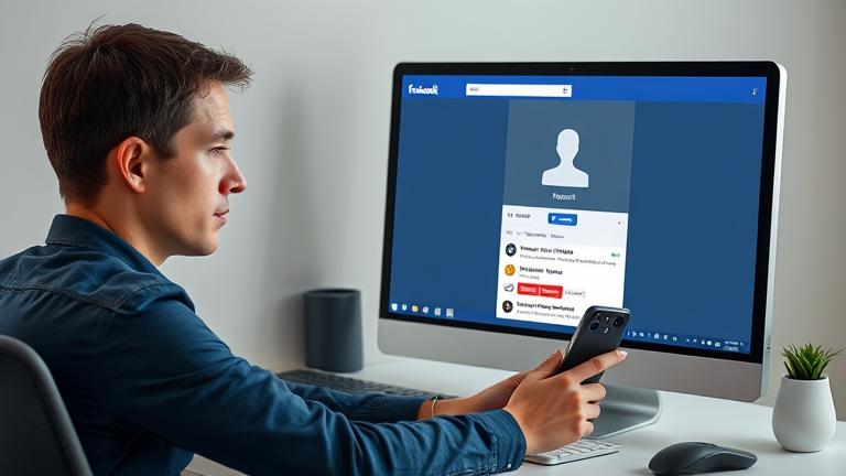 alt_text: Person on device reports or deletes Facebook account, showing decision and privacy focus.
