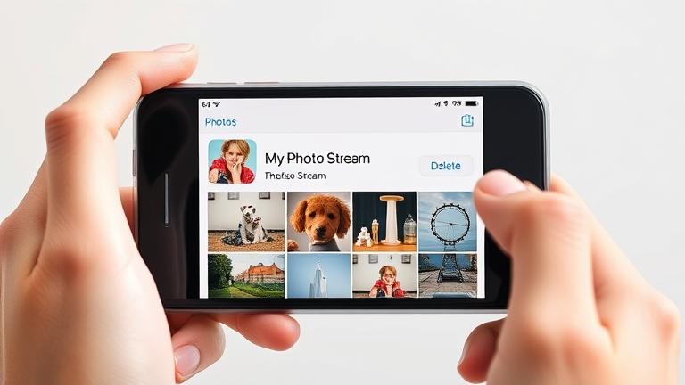 alt_text: Person holds iPhone showing Photos app with "My Photo Stream" and delete option.