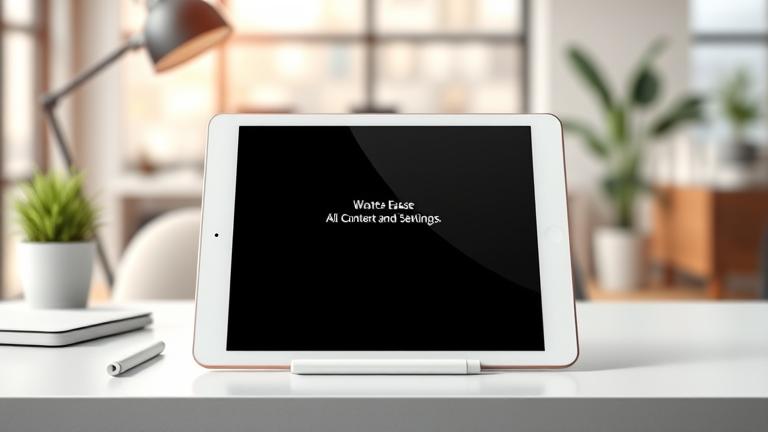 alt_text: Modern workspace with an iPad resetting, ready for resale, bright and sleek setup.