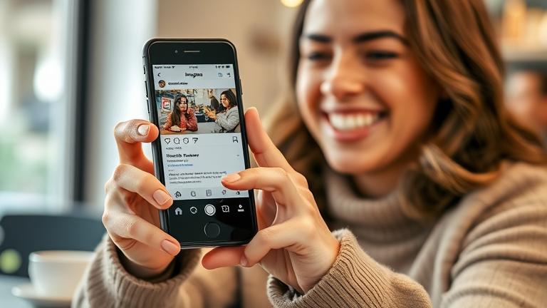 alt_text: Person happily discovering a new follower on Instagram, smiling at their phone screen.