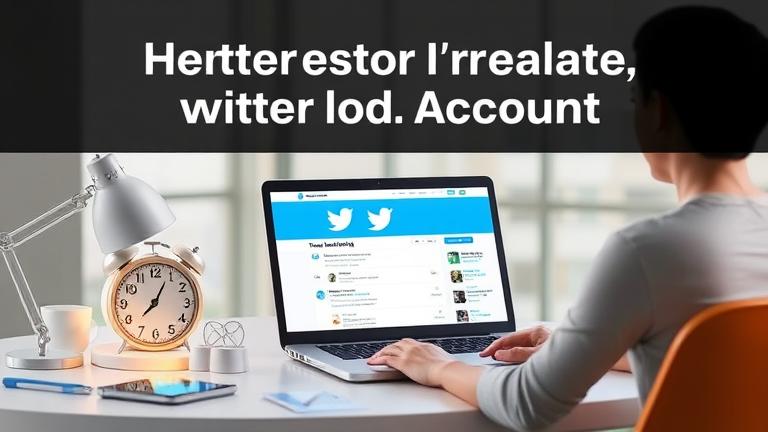 alt_text: Person at desk reviving inactive Twitter account with timer, calendar, and alerts.
