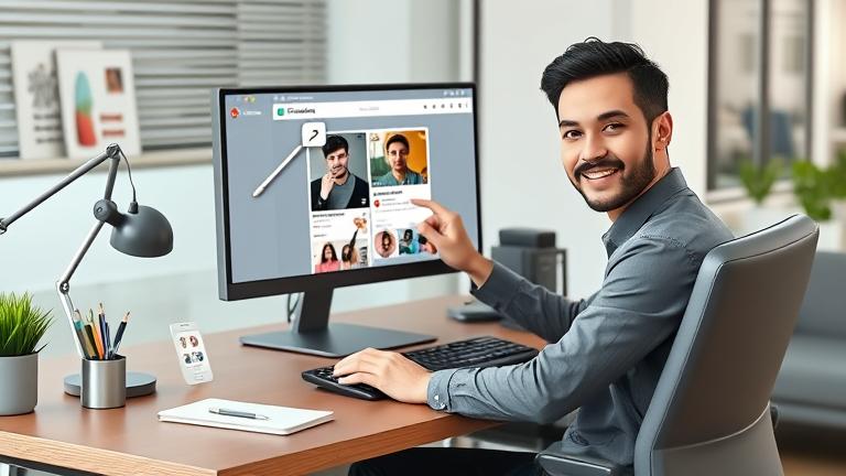 alt_text: Person at PC deleting Instagram photos in a modern workspace with social media icons.