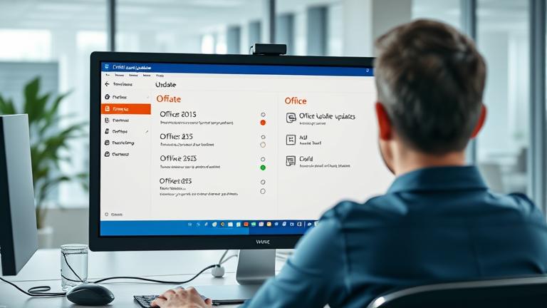 alt_text: Person disables Office updates on a computer in a professional office setting.
