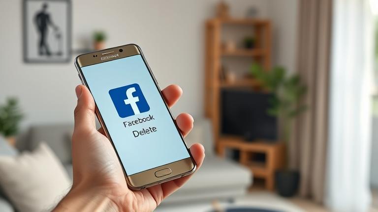 alt_text: Person holding Samsung phone with Facebook app, in a modern cozy space, about to delete.