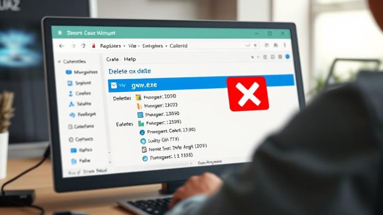 alt_text: User deletes gwx.exe file in Windows Explorer to remove unwanted updates.