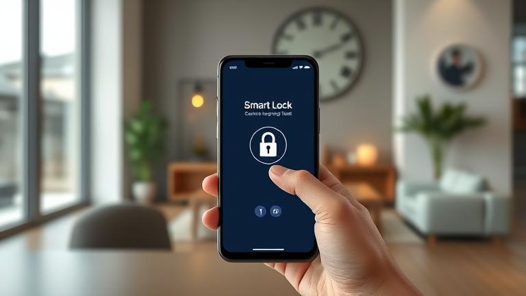 alt_text: Smartphone showing Google Smart Lock, in a sleek setting, with security icons and tap gesture.