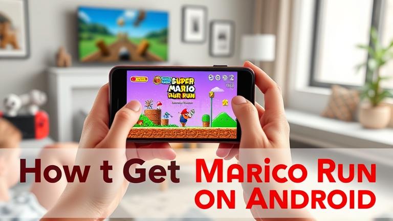 Person holds phone with Super Mario Run open in a cozy modern space with fun gaming elements.