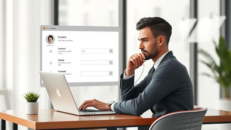 alt_text: Person managing account settings on a sleek laptop with digital icons in a professional setting.