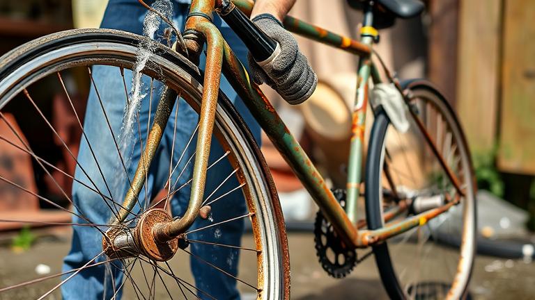 alt_text: Person cleaning rust off an outdoor bike with scrub brush and cleaning supplies.