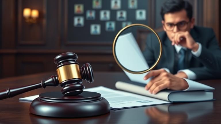 alt_text: Courtroom scene with gavel, legal docs, person with magnifying glass, digital icons hinting online legal battle.
