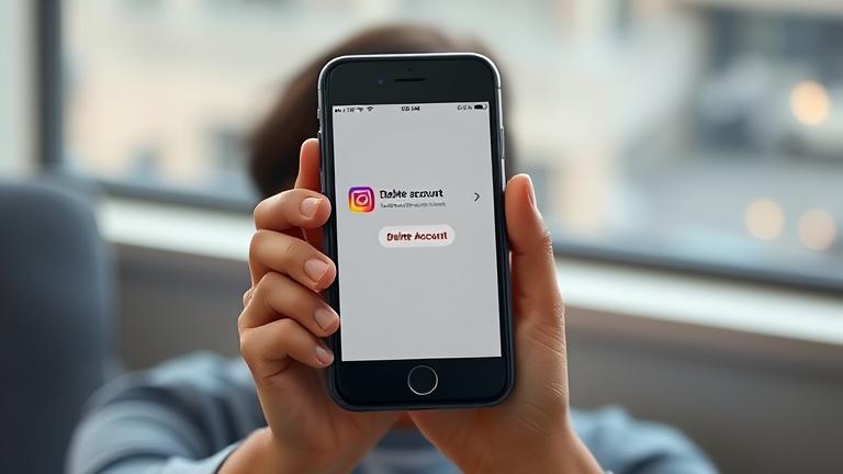 alt_text: Person looks at phone with Instagram delete option, symbolizing reflection and fresh start.