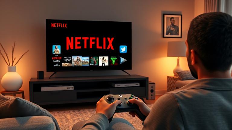 Alt_text: Person enjoying American Netflix on Xbox One in a cozy living room with controller and TV.