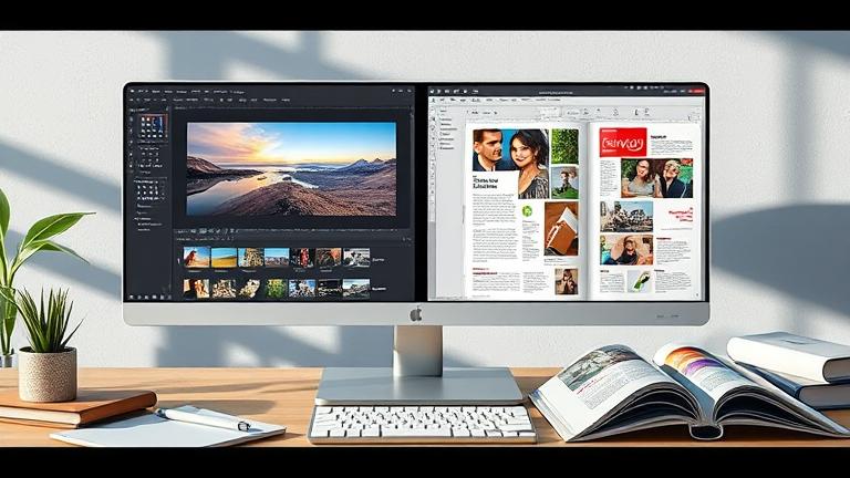 alt_text: Workspace with monitor split: Photoshop editing photos, InDesign layout design, with tools.