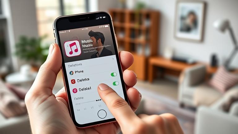 alt_text: Person holding iPhone 4S with Music app, ready to delete a song in a modern setting.