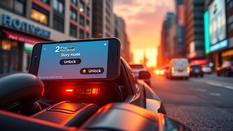 alt_text: Realistic pixel car on city street at sunset, showing Pixel Car Racer app with "Story Mode."