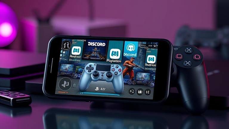alt_text: Smartphone streaming PS4 gameplay on Discord, with console, controller, and modern setup.