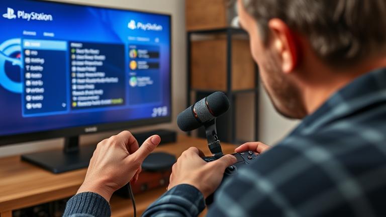 Alt_text: Person troubleshooting PS4 mic, adjusting settings with console, controller, and TV display.