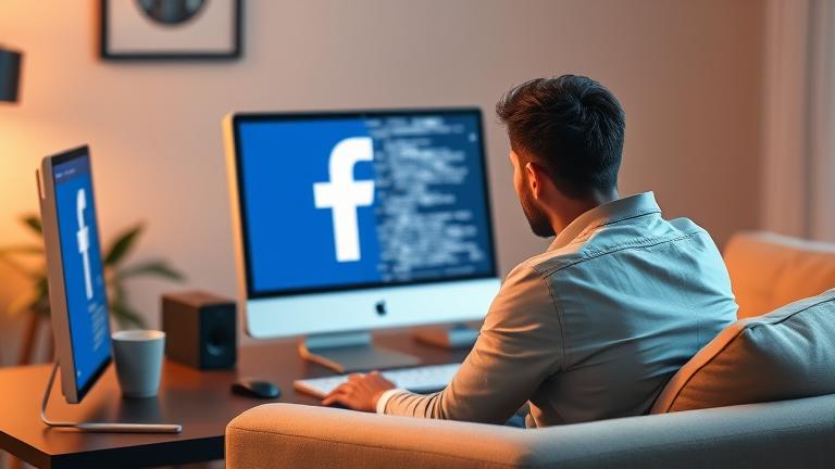 A person reflects while their phone shows the Facebook logo fading, symbolizing account deletion.
