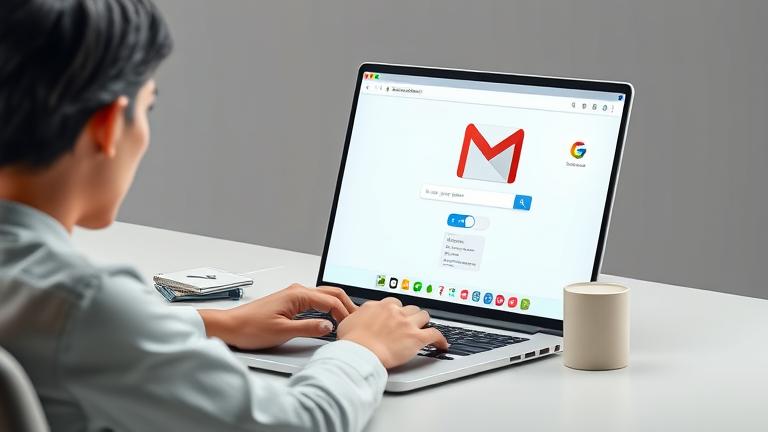 alt_text: Person troubleshooting Gmail account on laptop, focused with security symbols and help guide.