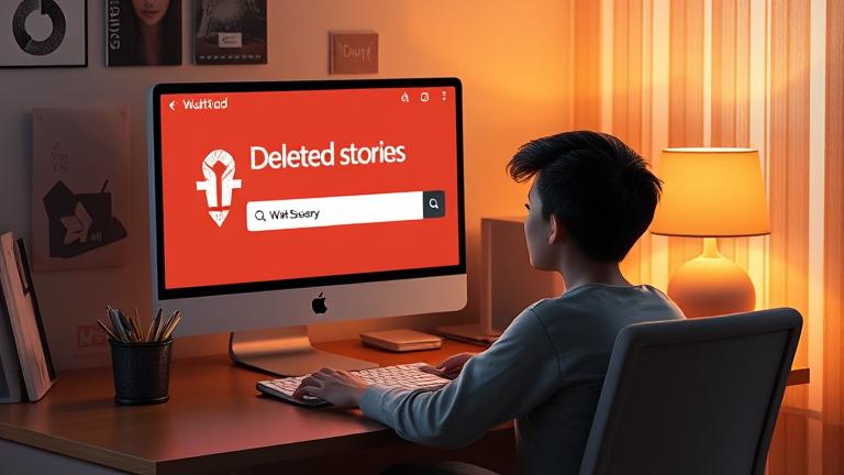 alt_text: Person at desk viewing Wattpad's deleted stories, symbolizing hope of recovery and backup.