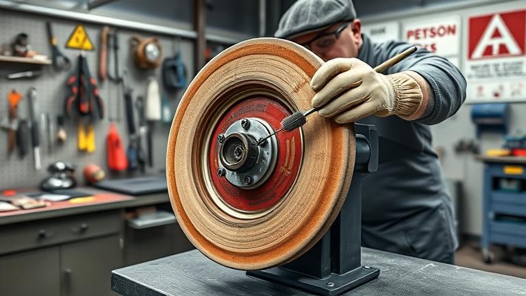 alt_text: Technician safely cleaning a buffing wheel in a well-organized workshop.