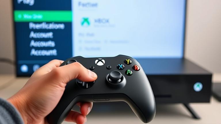 alt_text: Person holding Xbox controller with console, showing account management options onscreen.