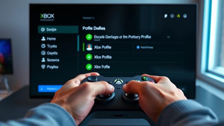 alt_text: Person manages Xbox profiles on screen, highlighting console interface and vibrant gaming setup.
