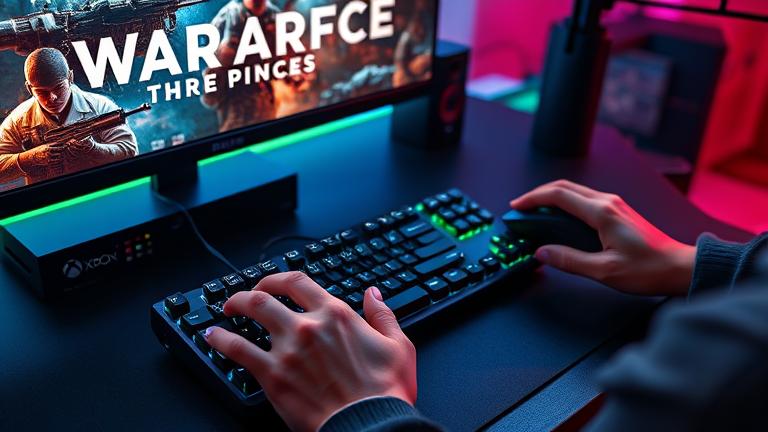 alt_text: Gamer plays Warface on Xbox with keyboard and mouse on a vibrant, immersive setup.